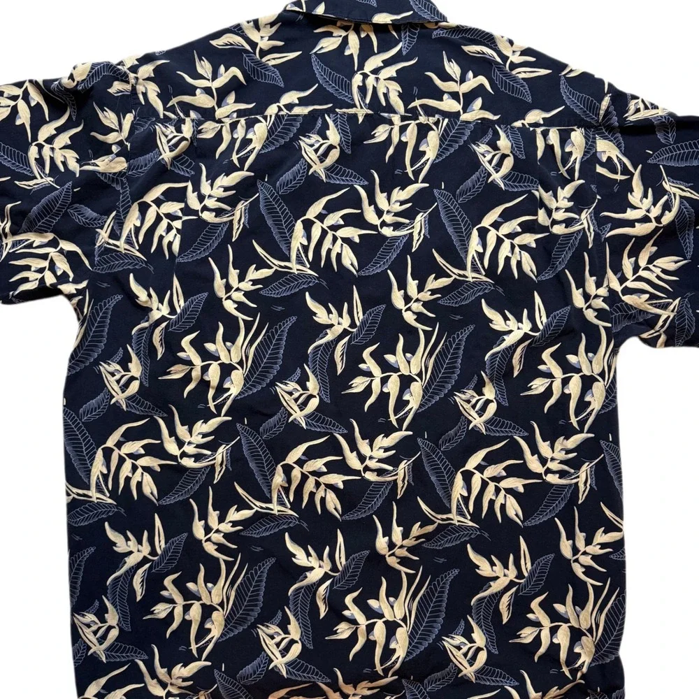 Columbia Mens XL Navy‎ Blue Button Up Shirt Short Sleeve Leaf Print Hawaiian